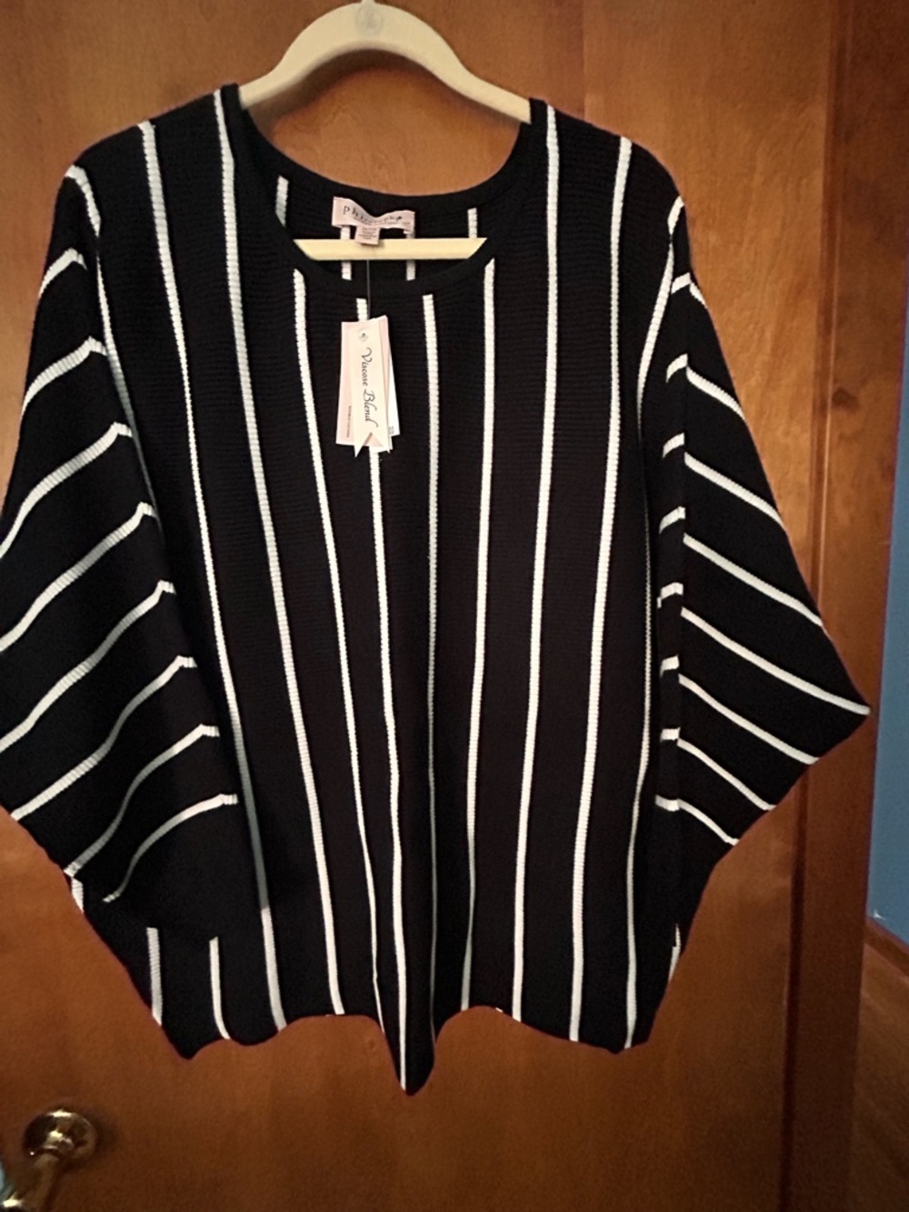 Philosophy Black with White Vertical Stripes Knit Pullover